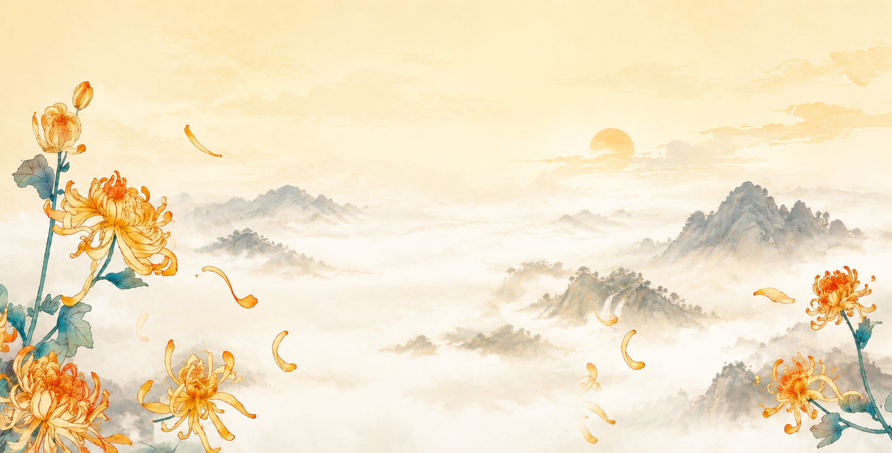 基于这张国风水墨山水菊花背景图，减少山峰数量，让山峰变得更稀少… - 图片创意预览