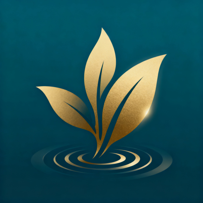 品牌“茶与韵”的Logo，将抽象茶叶和动态波纹融合，新中式未来感设计，采用低饱和青黛色和哑金色，几何极简风格，带有微光晕效果，呈现高级哑光质感。禁止使用写实风格、禁止添加复杂背景、禁止画面杂乱、禁止使预览效果