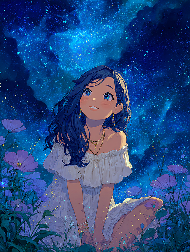 {
  "scene": {
    "background": "深邃星空与流动云海交织的夜空背景，繁星点点如钻石洒落，云层被月光染成淡蓝与银白，下方是开满野花的草地，营造出置身宇宙边缘的梦幻秘境氛围。"
  },
  "subject": {
    "primary": "一位拥有湿润微卷深蓝发丝、清澈大眼的少女，身穿轻盈露肩白色荷叶边连衣裙，颈间佩戴细链吊坠项链，肌肤在星光下泛着柔和光泽，整体造型清新自然又带点仙气。",
    "pose": "盘腿坐于花丛中，身体微微前倾，抬头仰望星空，双手自然垂放或轻触膝盖，姿态放松而充满向往感，仿佛正与星辰对话。",
    "expression": "眼神专注而温柔，嘴角含笑，流露出纯真、宁静与对未知宇宙的憧憬情绪，充满故事感与治愈力。"
  },
  "layout": {
    "main_view": {
      "content": "中景构图聚焦少女全身与周围环境，突出星空背景与地面花草的对比，人物居画面中心偏下位置，形成视觉稳定与情感沉浸感。",
      "style": "高精度数字幻想插画风格，色彩通透细腻，光影层次丰富，具有壁纸级视觉冲击力与艺术感染力。"
    }
  },
  "visual_style": {
    "aesthetic": "日系治愈 × 星空幻想 × 森系浪漫 × 光影梦境插画风格。",
    "mood": "宁静、梦幻、温柔、治愈、神秘、向往。",
    "color_palette": "主色调为深蓝、靛紫、月白与银灰，点缀星光金、淡粉与草绿，光影过渡柔润且富有呼吸感，冷暖交融营造静谧而温暖的夜晚氛围。"
  },
  "rendering": {
    "quality": "超高分辨率，极致细节渲染，适合用于手机壁纸、插画封面、冥想视觉或社交媒体传播。",
    "lighting": "逆光+漫射顶光结合，突出皮肤透亮质感、发丝湿润高光、布料褶皱反光与星空粒子辉光，营造神圣而梦幻的夜间魔法氛围。",
    "accuracy": "精确还原布料荷叶边结构、花瓣形态、发丝分层、星点闪烁效果与草地纹理，确保比例协调、光影逻辑自然、材质真实细腻。"
  }
}