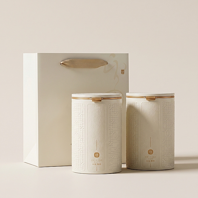 [主图 4] 展示140克米白浮雕小青柑礼罐搭配同色系轻奢礼袋，突出包装浮雕质感，体现高级精致。保持礼罐和礼袋外观、颜色、浮雕质感与输入图片一致，杜绝变形色差。高端时尚风格，商品主体占比60%-80%。[氛围风格] 简约高级轻奢风，商业摄影质感。[画质] 光线柔和通透、包装纹理清晰真实、画面干净高级，超高清。[光影] 柔和侧光突出浮雕纹理立体感，明暗过渡自然，金属细节有自然高光。[配色] 米白色主调，浅暖金色线条点缀，背景浅米黄干净简约。[视角构图] 平视中心构图，两个罐子和礼袋错落摆放，主体完整展示。[比例分辨率] 1:1比例，2k分辨率。[负向提示词] 变形，水印，文字错乱，产品图模糊，背景杂乱。