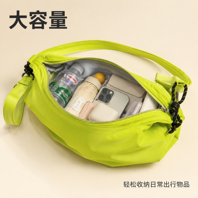 [主图-4] 斜挎包大容量展示，打开包包放入日常物品实拍。
[氛围风格] 实用展示，真实生活化
[画质] 商业摄影质感、光线均匀通透、产品清晰真实、画面干净高级
[元素] 原荧光绿色斜挎包拉链打开，展预览效果