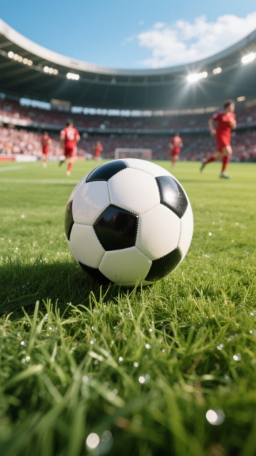 写实风格，高清摄影，特写镜头，一个黑白相间的足球置于前景的绿色足球场上，草叶纹理清晰可见，草尖带有露珠反光，背景是大型圆形露天足球场，观众席坐满观众，球员们在场地中模糊跑动，身着红色球衣，阳光明媚，天空湛蓝，带有少量白云，体育场灯光亮起，光线从斜上方照射，足球表面有高光和阴影，整体氛围充满活力与竞技感，画面层次分明，色彩鲜艳，细节丰富，具有强烈的临场感和真实质感。预览效果