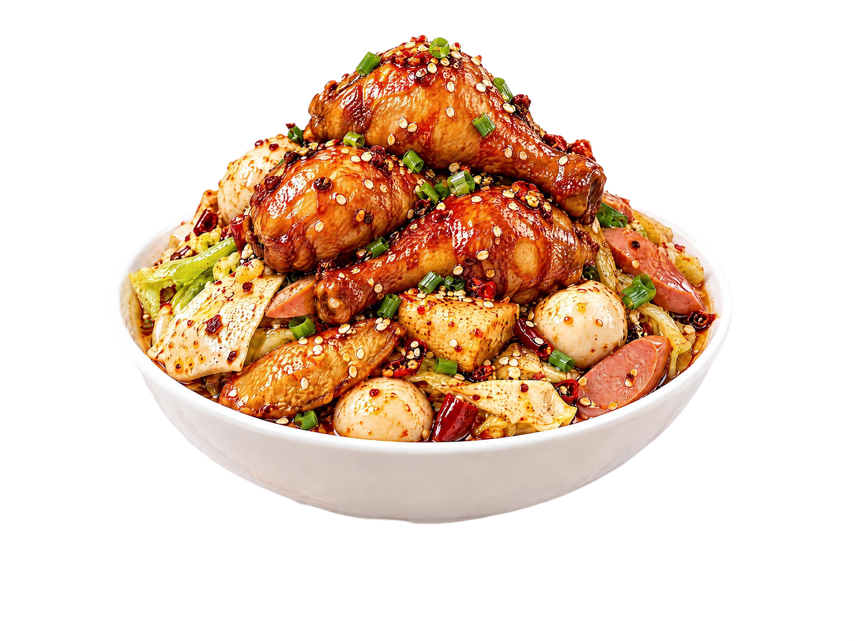 在保持画面其他内容完全不变的前提下，在碗中食物堆的上方自然地加… - 图片创意预览