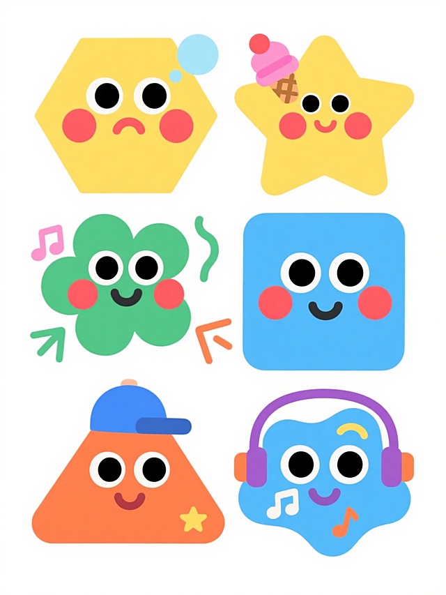 六个不同配色、不同样式的卡通素材，白色背景，排列整齐。每个卡通形象都具有圆润的轮廓、大大的黑色圆形眼睛、红色圆形腮红和微笑的嘴巴，色彩鲜艳明快，包括黄色、粉色、绿色、蓝色、橙色、紫色等。第一个是黄色六边形，带着思考的表情和气泡；第二个是黄色星星，戴着粉色冰淇淋；第三个是绿色花朵，周围有音符和箭头；第四个是蓝色方形，带着微笑；第五个是橙色三角形，戴着蓝色帽子；第六个是蓝色不规则形状，戴着耳机听音乐。每个卡通形象都有独特的装饰元素，如线条、星星、音符等，整体风格可爱、童趣，充满活力。