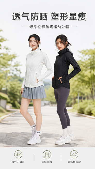 [第1屏] 修身立领防晒运动外套女，双款模特功能头图。清新户外风，商业摄影质感高级简约。左侧米白右侧黑色两款，占65%画面，保持产品轮廓颜色结构与输入图一致，背景浅灰户外步道虚化绿植，底部留信息条。侧预览效果