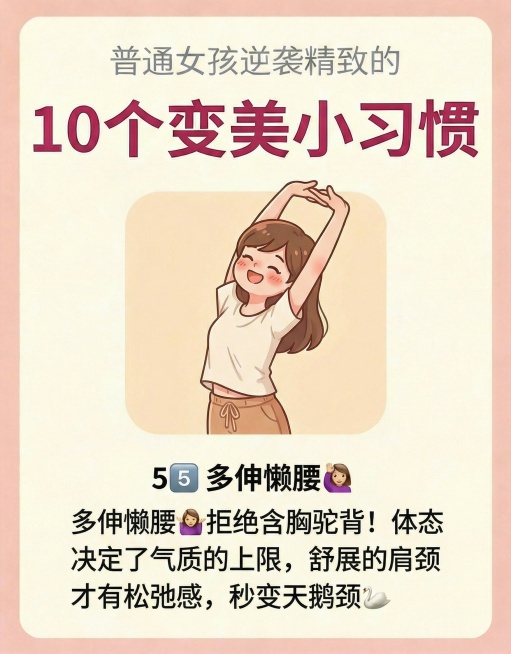 保留主标题“普通女孩逆袭精致的10个变美小习惯”，将下方内容替换为“5️⃣ 多伸懒腰🙆🏻‍♀️拒绝含胸驼背！体态决定了气质的上限，舒展的肩颈才有松弛感，秒变天鹅颈🦢”，画面替换为女孩伸懒腰的卡通预览效果