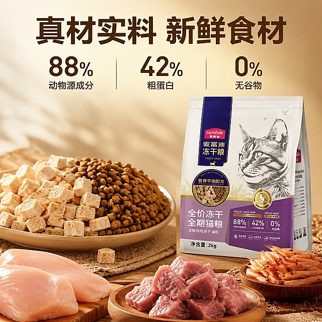 [主图-2] 麦富迪全价冻干猫粮核心成分展示主图。
[氛围风格] 品质简约暖棕风格，延续首图配色，采用特写构图，相似度50%参考上传参考图的呈现方式。
[画质] 商业摄影质感、光线柔和通透、产品清晰真实、画面干净高级。
[元素] 画面主体展示猫粮颗粒和冻干的微距特写，放在左侧画框中，右侧放置完整产品包装袋，保持产品包装外观、物理结构、材质质感、颜色与输入产品图一致，杜绝变形色差。周围摆放新鲜的鸡肉、鸽子肉、磷虾原料，真实展示核心食材，突出产品天然健康。
[光影] 自然暖调逆光，突出猫粮颗粒的纹理质感和食材的新鲜色泽，光线柔和通透，食材边缘有自然光泽，整体氛围诱人。
[配色] 主色调暖棕色，搭配食材自然的肉粉色和浅棕色，文字使用深棕色和白色对比。
[视角构图] 平视，特写食材，产品和食材分层展示，画面对比清晰，满屏无边框。
[文字版式] 顶部大字写"真材实料 新鲜食材"，粗体最大号；下方分点展示："88%动物源成分 42%粗蛋白 0%无谷物"，大数字突出，小字说明，采用三栏布局，信息清晰，文字不遮挡主体。
[输出要求] 1:1比例，文字清晰可辨，超高清商业摄影质感。
[负向提示词] 变形，文字错乱，产品图模糊，背景杂乱，水印，电商平台Logo，文字遮挡主体