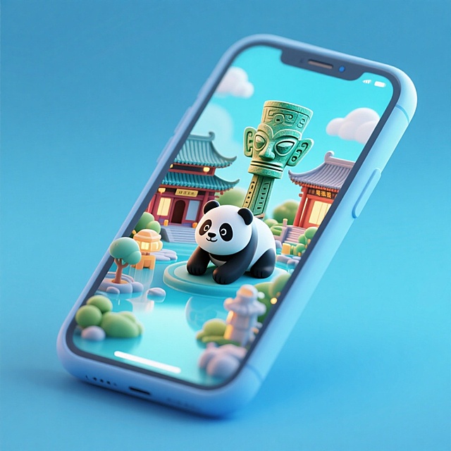 软3D风格的手机屏中，熊猫与古蜀面具在梦幻中式园林中互动，卡通感十足，清新治愈，虚实交融，尽显可爱与体积感。