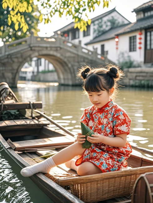 一名7-8岁的女孩，身穿旗袍，哪吒头，坐在一艘龙舟上剥粽子，背景为小桥流水古镇预览效果