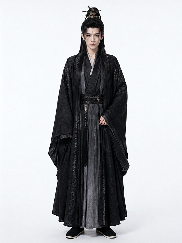 参考图一三视图样式，生成图三魔尊的寝宫居家松弛常服正面主图，古装仙侠，澹台烬人设，清冷孤寂，黑色暗纹魔界寝宫松弛常服，黑色长发束发戴简约金冠，纯色背景，正面全身站立，完整展示服装正面细节