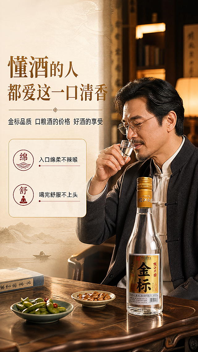 [商品] 使用【图1】枝江大曲金标清香型白酒；保留瓶身与标签全部原貌；商品处理：保留瓶身结构，酒瓶由模特手持或置于桌上。
[画面] 目标：模特品鉴页，展示男士品酒的生活氛围（酒水类必含模特页）。构图：左文右图，右侧亚洲中年男士（30-45岁，儒雅气质）手持酒杯品酒，桌上放着金标枝江大曲酒瓶。产品占画面约35%。前中后景：前景木质餐桌+小菜一碟，中景模特与酒瓶酒杯，后景虚化的中式书房/客厅暖光背景。阅读动线：从左标题到右人物与产品。
[视觉] 套系策略：风格=中式传统白酒商业摄影，稳重有品质感；标题字=宋体粗体，带传统书法韵味；正文字=简洁黑体；主色=金棕+米白；背景延展=基于金棕做深浅层级、暖木色渐变和宣纸/木纹质感；强调色=深酒红，仅用于小面积图标、引线和标签；标题色=深金棕；正文色=暖炭灰；组件=圆角米白底信息卡、细金线引线、传统印章式icon；光影=右侧暖侧光，人物面部柔和，瓶身有高光。
[文字] 左侧主标题'懂酒的人 都爱这一口清香'，副标题'金标品质 口粮酒的价格 好酒的享受'，下方2个短卖点'入口绵柔不辣喉''喝完舒服不上头'。文字区位于左侧，不遮挡人物和产品主体。所有文字横排。
[规格] 图片比例9:16竖版，4K分辨率，负向提示：避免变形、错字、文字过小、冷蓝背景、人物面部失真、瓶身标签错乱、极限词、医疗功效。