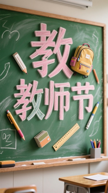 “教师节”三个字体设计，融入书包、尺寸、笔、笔盒等元素，写在绿色教学黑板上的效果，黑板带有粉笔灰质感和自然磨损边缘，整体更贴合课堂场景氛围。风格创意且富有教育气息。预览效果