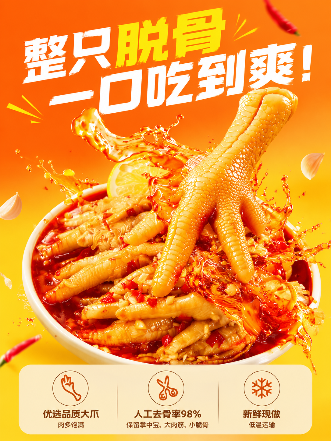 [商品] 使用【图7】整只脱骨鸡爪红油碗装卖点图；保留"整只脱… - 图片创意预览