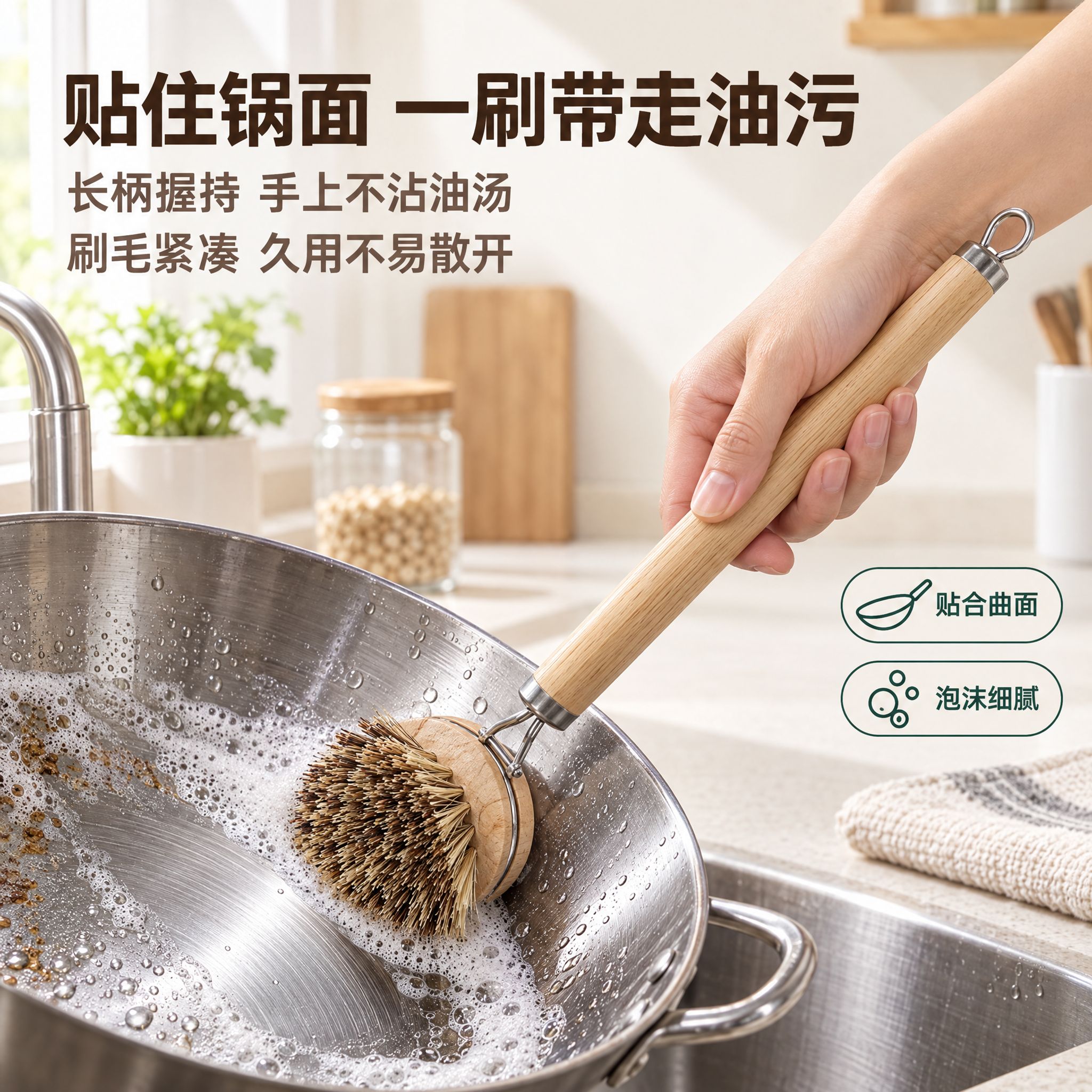[主图-2] 长柄木柄多用清洁刷 —— 手持刷洗锅具的去污瞬间… - 图片创意预览