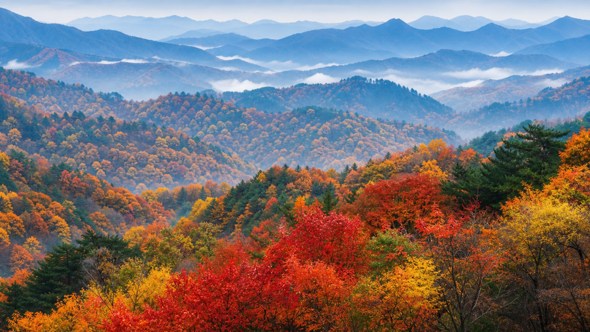 参考图片风格，重新生成层叠山峦秋季红叶山林风景，保留原画面层次感与色彩风格，生成清新自然的秋日山景预览效果
