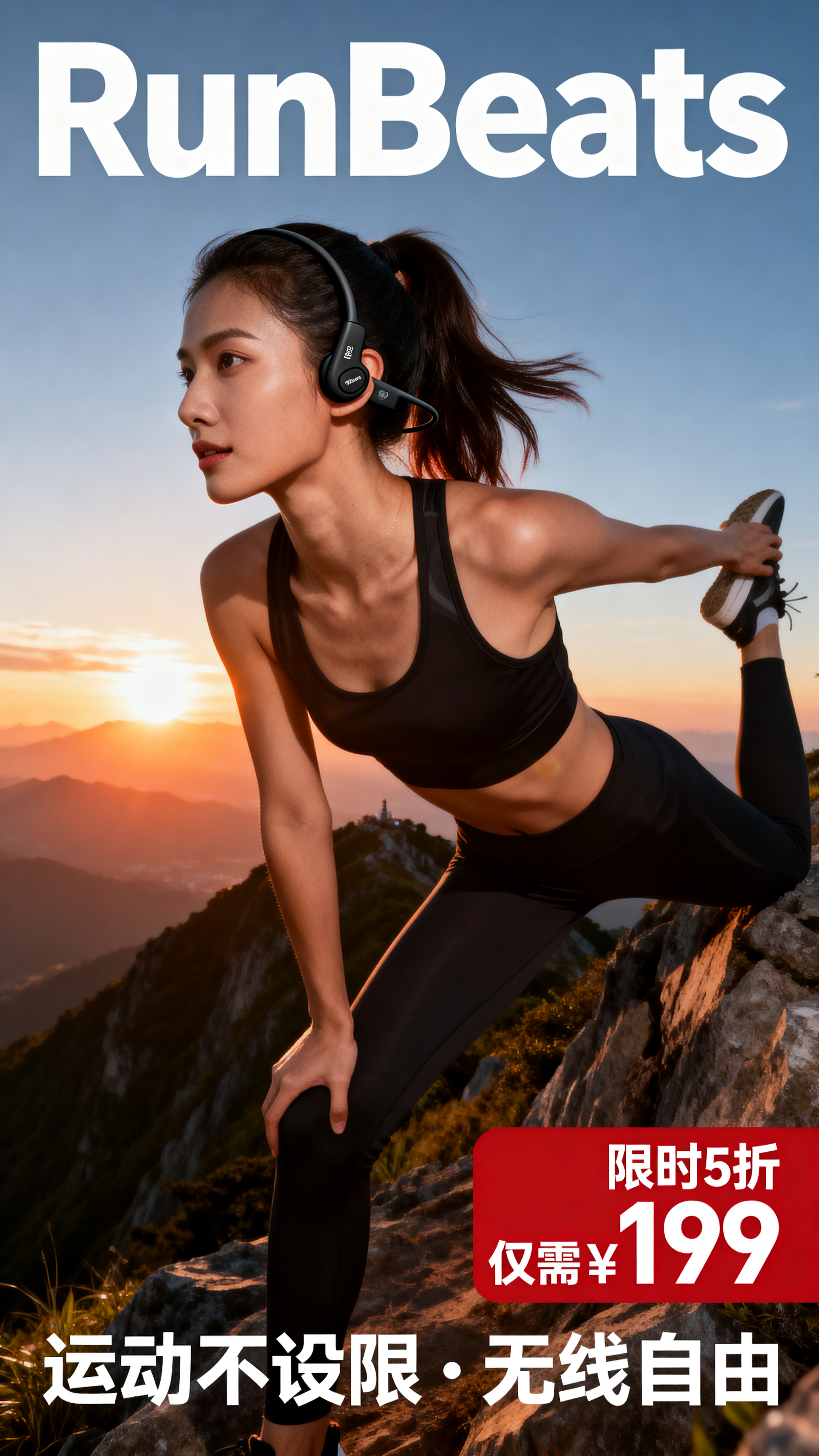 时尚运动杂志封面风格海报，主视觉是一位女运动员在山顶拉伸，佩戴… - 图片创意预览