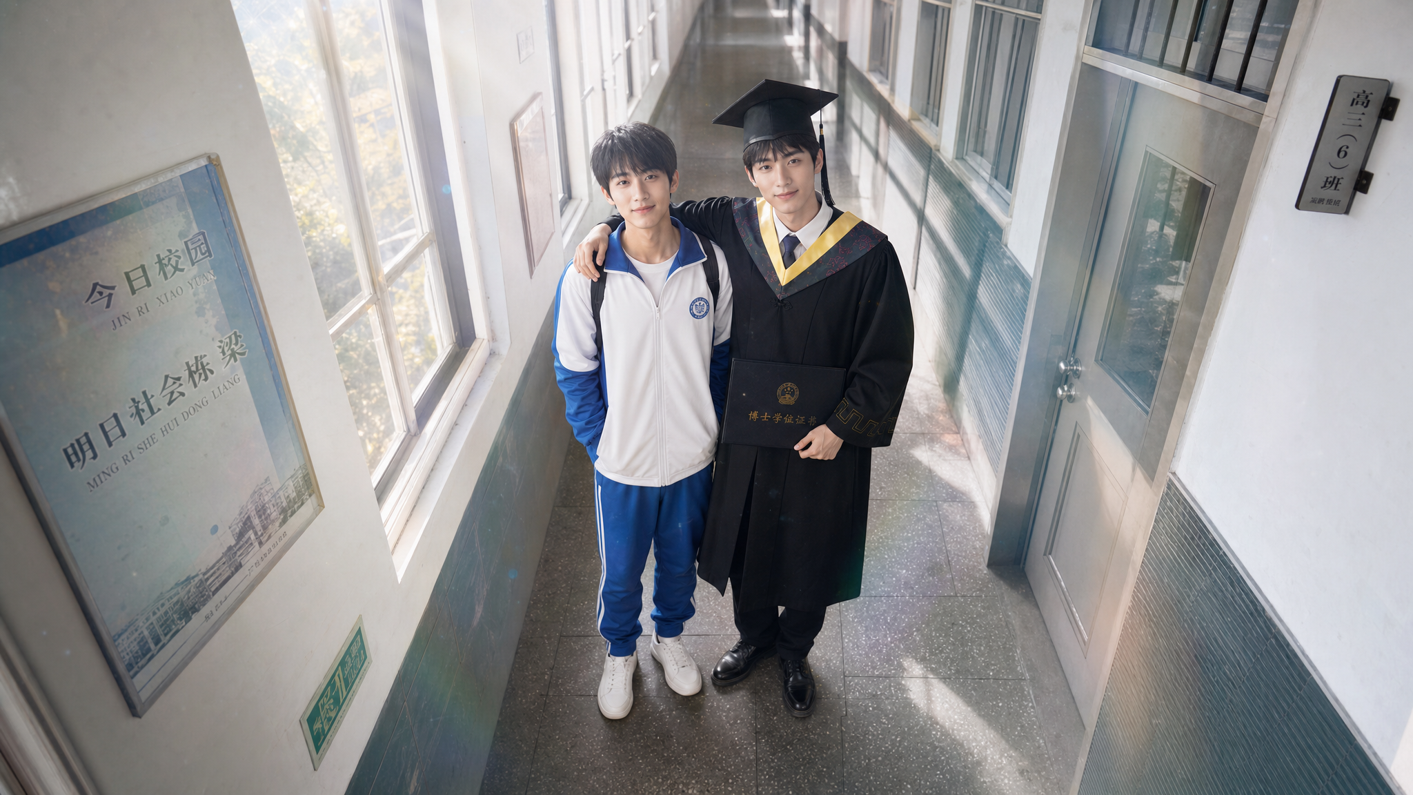 左边男：蓝白高中运动校服、小白鞋，青涩高中造型；右边男：黑色博… - 图片创意预览