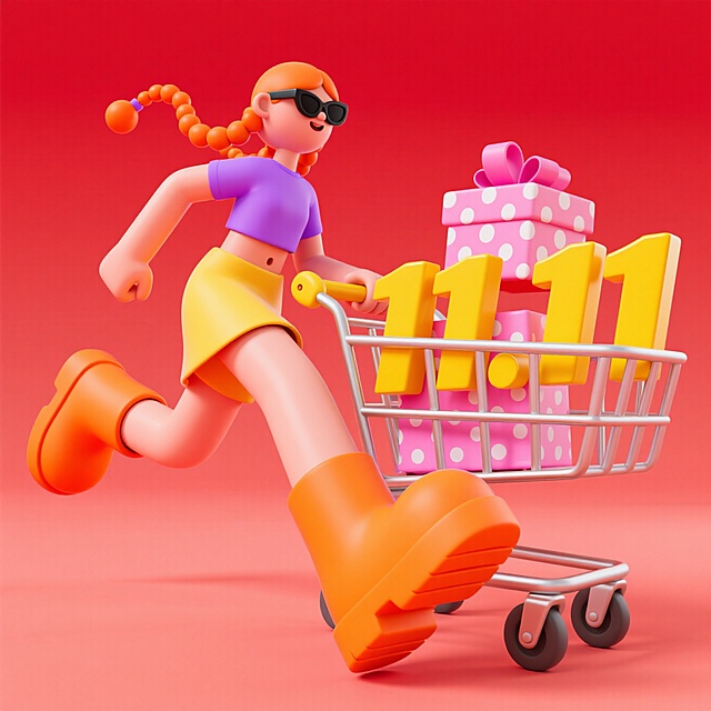 一个橙色双辫的戴墨镜酷女人推着购物车向前奔跑，（"11.11“黄色数字和带白色波点的粉色礼盒）一起放在购物车里，干净的红色背景