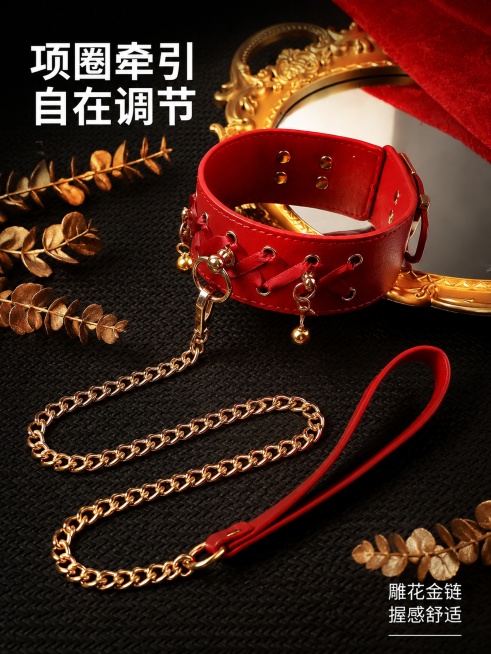 [第3屏] 项圈牵引带细节展示，设计亮点解析。本屏使用【图7】作为商品主体。
[氛围/风格] 微距细节品质展示，轻奢高级风。
[元素布局] 项圈牵引带斜向放置在画面中心，占比约70%，完整展示项圈、金预览效果