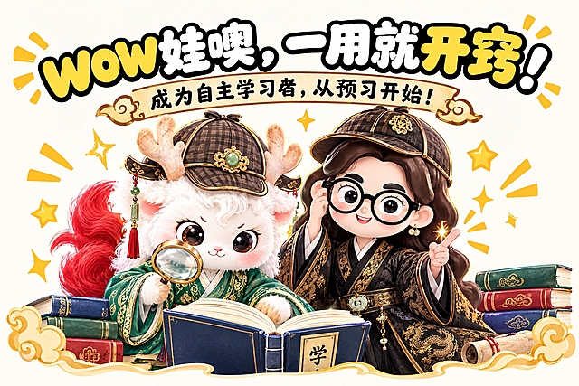横版6寸比例的结尾页设计，大标题为"wow娃噢，一用就开窍！"，副标题为"成为自主学习者，从预习开始！"，画面中央是两个Q版国风IP形象变身大侦探：一个是戴着侦探帽、拿着放大镜认真读书的白色毛绒瑞兽（穿绿色汉服），另一个是戴黑框眼镜、穿黑色金龙纹汉服的卡通女孩也戴着侦探帽，两人自信满满，周围有星星和光芒特效，整体风格活泼有感染力，国潮风，米白色背景，排版醒目，与之前所有卡片风格统一，适合打印