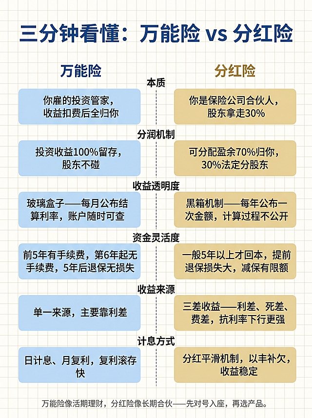 竖版3:4信息图，背景是统一暖白色带网格。顶部深蓝色大字标题："三分钟看懂：万能险 vs 分红险"。画面主体是左右分栏的大对比表，每行一个维度共6行，每行都是扁平横条卡片。第一行维度：本质，左栏浅蓝："你雇的投资管家，收益扣费后全归你"，右栏淡金："你是保险公司合伙人，股东拿走30%"。第二行维度：分润机制，左栏："投资收益100%留存，股东不碰"，右栏："可分配盈余70%归你，30%法定分股东"。第三行维度：收益透明度，左栏："玻璃盒子——每月公布结算利率，账户随时可查"，右栏："黑箱机制——每年公布一次金额，计算过程不公开"。第四行维度：资金灵活度，左栏："前5年有手续费，第6年起无手续费，5年后退保无损失"，右栏："一般5年以上才回本，提前退保损失大，减保有限额"。第五行维度：收益来源，左栏："单一来源，主要靠利差"，右栏："三差收益——利差、死差、费差，抗利率下行更强"。第六行维度：计息方式，左栏："日计息、月复利，复利滚存快"，右栏："分红平滑机制，以丰补欠，收益稳定"。每行左右两栏之间用竖向细虚线分隔，视觉清晰不杂乱。最底部灰色小字总结："万能险像活期理财，分红险像长期合伙——先对号入座，再选产品。"整体风格简约干净，信息清晰易读。