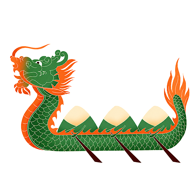 参考原图片国潮插画风格，生成完整的龙舟，将原龙舟上所有黄色部分改成橙色系，去掉下方蓝色的水，保留完整龙舟整体，保留粽子造型，保留船桨，背景为白色