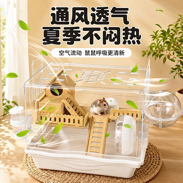 [主图-4] 主题：通风透气 夏季不闷热。唯一任务：展示笼子通风透气设计，证明空气流通好，适合夏季使用。
[统一基调] 抖音电商主图风格，温馨家居场景，暖色调，圆润可爱字体，大字标题强视觉冲击，产品主体突出，背景为原木桌面+浅米色墙面+绿色植物点缀，整体明亮通透有质感。
[画面] 产品为PS小筑笼套餐五仓鼠笼子，放置在编织垫上，正面角度，产品占画面约65%。重点展示笼子顶部和侧面的通风孔设计，顶部有排列整齐的长条形透气孔，侧面也有竖条透气孔。画面中有多片绿色叶子随风飘动的动态效果，从笼子的透气孔穿过，直观表现空气流通。笼子内有一只仓鼠在平台上，状态舒适。背景有绿色植物和窗帘，清新自然。
[光影质感] 清新明亮的自然光，略带清凉感，透明亚克力通透，通风孔清晰可见，绿叶飘动有动感，整体清爽干净。
[配色] 主背景暖米色+清新绿色，标题字黑色粗体，辅助文案深绿色，白色圆角卡片，整体清新透气感。
[文字版式] 画面上方大标题两行"通风透气 夏季不闷热"，黑色粗圆体大字。标题下方白色圆角矩形内黑色小字"空气流动 鼠鼠呼吸更清新"。文字清晰，放在画面上方负空间，不遮挡产品主体。
[输出要求] 1:1正方形比例，2K分辨率，产品清晰，通风孔细节清楚，绿叶飘动自然，文字清晰可读，无水印无平台logo。禁止产品变形、错字、模糊、杂乱。