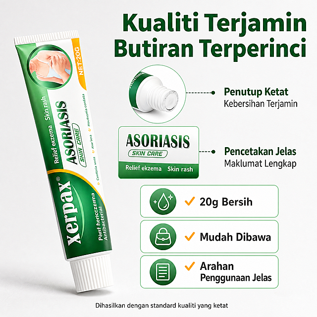 [主图-6] Xerpax Asoriasis Krim Kulit Herba 20g，产品细节与规格图，展示包装细节、容量信息与产品优势。
[统一基调] 马来西亚跨境电商主图，马来语文案，明亮清新风格，品牌主色为深绿+白色+橙黄点缀，主标题用干净无衬线粗体深绿色，辅助文字用深灰色，强调色橙黄色，信息组件用圆角浅绿/白底卡片，整体简洁专业，移动端易读。
[画面] 纯白色到浅灰渐变背景，左侧产品软管45度侧立，占画面约40%。右侧为产品细节放大区：上方一个圆形放大窗，展示管盖螺纹细节与封口设计；中间一个方形放大窗，展示管身印刷文字的清晰度（ASORIASIS字样特写）；下方三个优势图标竖向排列。产品底部有柔和阴影。
[光影质感] 商业产品摄影质感，细节放大窗内图像清晰锐利，产品材质真实，整体干净专业。
[配色] 白到浅灰渐变背景，深绿标题，白色放大窗底，产品本色，橙黄强调色点缀。
[文字版式] 主标题在右上方，大号粗体深绿色马来文："Kualiti Terjamin  Butiran Terperinci"。放大窗旁标注引线文字："Penutup Ketat  Kebersihan Terjamin"、"Pencetakan Jelas  Maklumat Lengkap"。下方三个优势图标配文字："✓ 20g Bersih"、"✓ Mudah Dibawa"、"✓ Arahan Penggunaan Jelas"。底部小字："Dihasilkan dengan standard kualiti yang ketat"。所有文字马来语，横排，清晰可读。
[输出要求] 比例1:1，2048x2048，产品清晰，细节放大准确，文字锐利。负向：中文、产品变形、错字、模糊、水印、边框、人物。