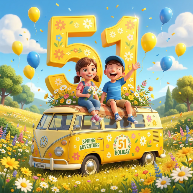 3D cartoon style, two cute energetic children sitting on the roof of a yellow vintage van, huge brig预览效果