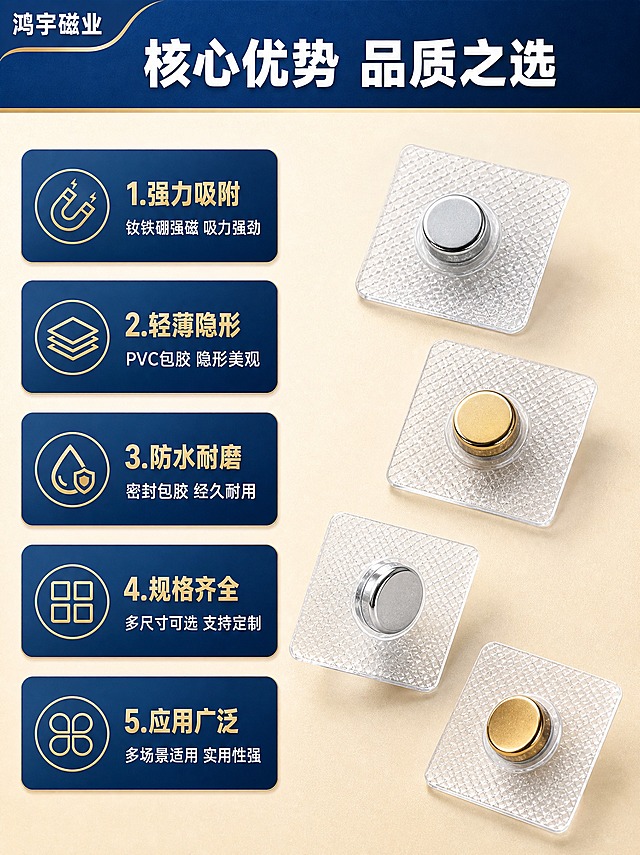 [商品] 使用【图2】【图4】PVC单面磁产品；保留透明PVC方形包胶底座、中间圆形银色/金色磁铁的结构和外观，金银两色都展示；精修增强金属光泽和PVC通透度。
[画面] 页面目标：核心卖点总览，5大核心优势清晰呈现。左右分栏构图，左侧为卖点文字区，右侧为产品展示区。右侧展示4枚PVC单面磁产品（金银各2枚）错落摆放，展示不同角度。左侧5个深蓝色圆角信息卡竖向排列，每个卡片配一个浅金色图标和卖点文字。背景为浅米色渐变，顶部有深蓝色标题条。左上角文字"鸿宇磁业"。
[视觉] 套系策略：风格=蓝金工业品质风，源头工厂专业感；标题字=现代粗黑体，厚重有力；正文字=简洁无衬线体；主色=深蓝色+米金色；背景延展=浅米色渐变底，带细微颗粒质感；强调色=浅金色，用于图标和重点标注；标题色=深蓝色；正文色=深灰色；组件=深蓝色圆角信息卡、浅金色线性图标；光影=均匀柔光，产品清晰立体。
[文字] 顶部深蓝色条白字写"核心优势 品质之选"。左侧5个卖点卡：1.强力吸附 钕铁硼强磁 吸力强劲；2.轻薄隐形 PVC包胶 隐形美观；3.防水耐磨 密封包胶 经久耐用；4.规格齐全 多尺寸可选 支持定制；5.应用广泛 多场景适用 实用性强。每个卖点卡配一个对应浅金色线性图标。文字全部横排，字号保证手机端可读。
[规格] 图片比例3:4竖版，2K分辨率，避免变形、错字、文字过小、产品结构失真、悬浮感、水印、平台Logo。