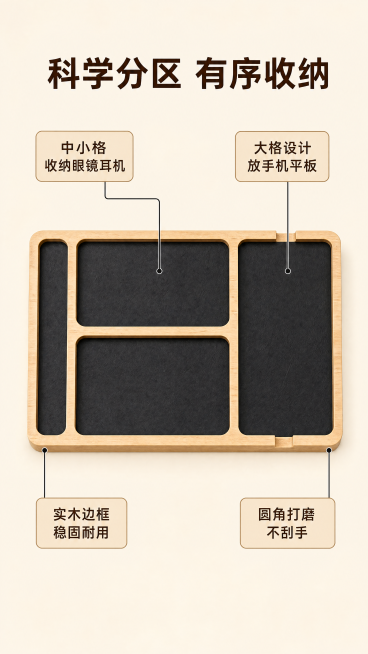 [第3屏] 结构解析，引线标注产品分格设计。本屏使用【图1】作为主体参考，保持产品外观结构和颜色与原图完全一致。
[氛围/风格] 清晰直观产品解析，专业干净，商业展示风格。
[元素布局] 收纳盒居中放预览效果