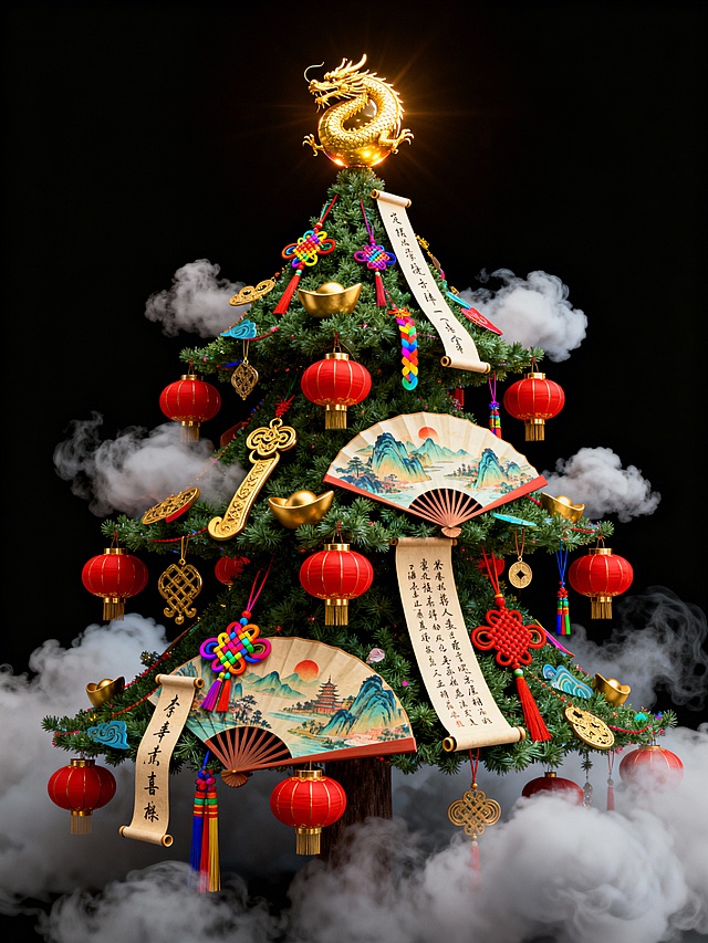 国潮风圣诞树，融合中式元素与3D重拟物设计，鎏金龙顶、红灯笼、水墨折扇与浮雕卷轴，营造喜庆梦幻的节日氛围。中华千古文化源远流长