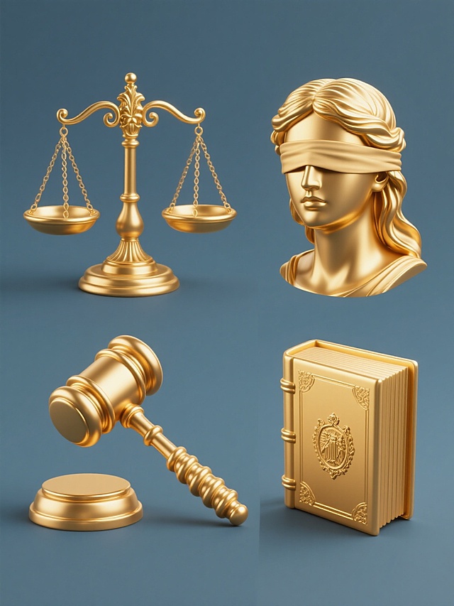 系列金色3D材质图标集合，保持原图高光泽金属质感、精细雕刻纹理和对称平衡构图，纯色背景，规整排布四个完全不同的法律/公正主题元素：左侧第一个为金色天平，两侧托盘平衡悬挂于雕花支架；第二个为金色法槌，槌头圆润厚重，槌柄刻有螺旋纹路；第三个为金色法典，封面带有浮雕徽章，书页边缘呈阶梯状；第四个为金色正义女神像头部，佩戴蒙眼布，发丝纹理清晰，面部轮廓柔和，所有元素均采用统一的暖金色调，高光与阴影过渡自然，呈现出相同的古典庄严氛围和精致3D渲染效果。