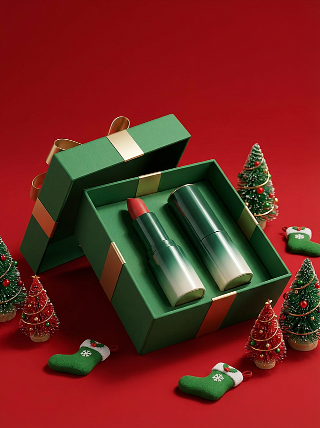 3D微缩艺术风圣诞礼盒，双色金属质感口红搭配绿金配色，喜庆氛围浓厚，节日感十足。