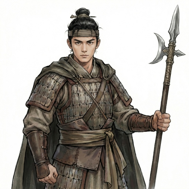 人物的五官和表情贴近男明星吴磊，手里的长枪变成方天画戟，背后的长枪去掉，墨迹也去掉预览效果