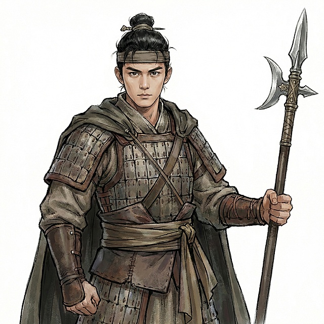 人物的五官和表情贴近男明星吴磊，手里的长枪变成方天画戟，背后的长枪去掉，墨迹也去掉