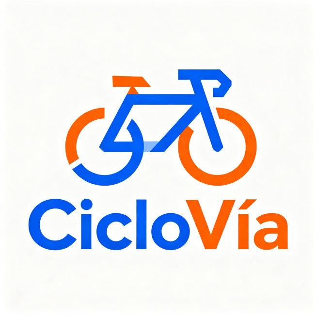 极简风格logo设计，品牌为单车品牌“CicloVía”，融合单车车轮元素，设计充满活力与动力，由简洁几何形状构成，简约识别性强，采用明快动感的蓝橙配色，logo设计，平面设计，白色背景，全新原创设计预览效果
