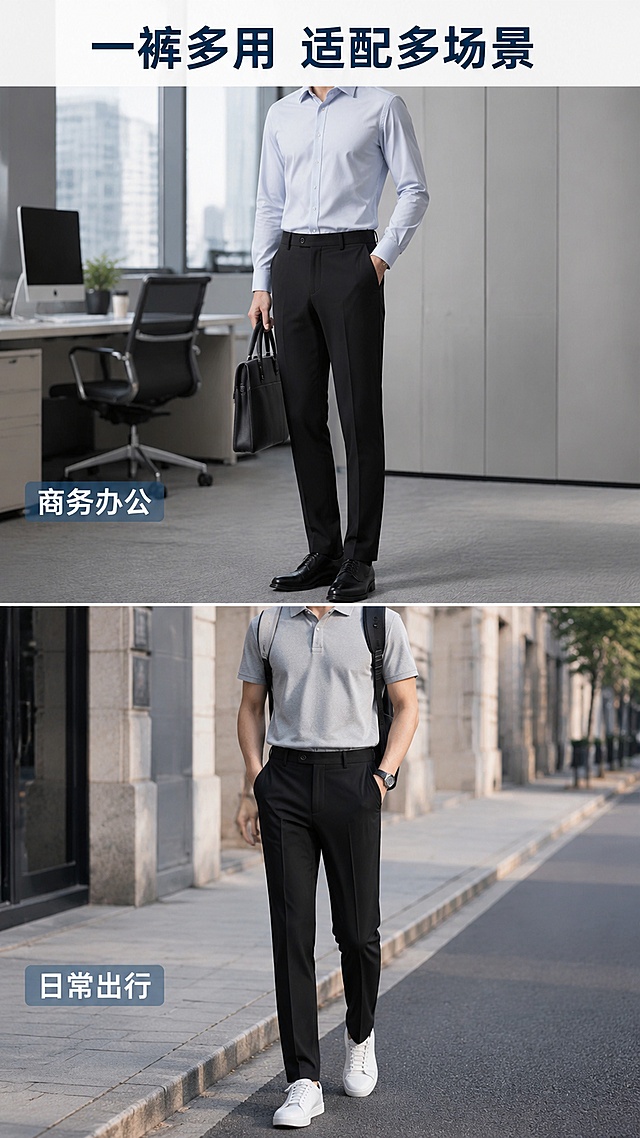 「图片1」，生成详情页，商品名称为8523秋冬款男士休闲裤商务直筒高弹抗皱西裤通勤高腰深裆大脚口，适配抖音/快手平台，单图比例为9:16，需求屏数为8张。