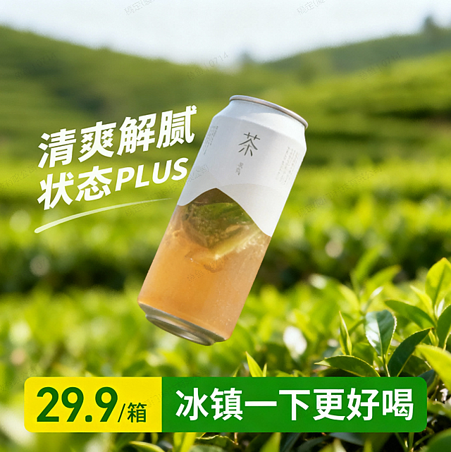 生成一张饮料电商主图。商品悬空轻微仰拍，高级感光影，虚化茶园背景。商品卖点“清爽解腻 状态PLUS”艺术字展示。画面下方黄绿配色文本框，展示价格“29.9/箱“与卖点信息“冰镇一下更好喝”。