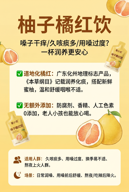 基于现有信任背书手卡模板，将图中的柚子润喉糖元素替换为图2的客小优柚子橘红饮袋装产品实物图，保留原有所有文案内容：顶部"柚子橘红饮"大标题，副标题"嗓子干痒/久咳痰多/用嗓过度？一杯润养更安心"，两条预览效果
