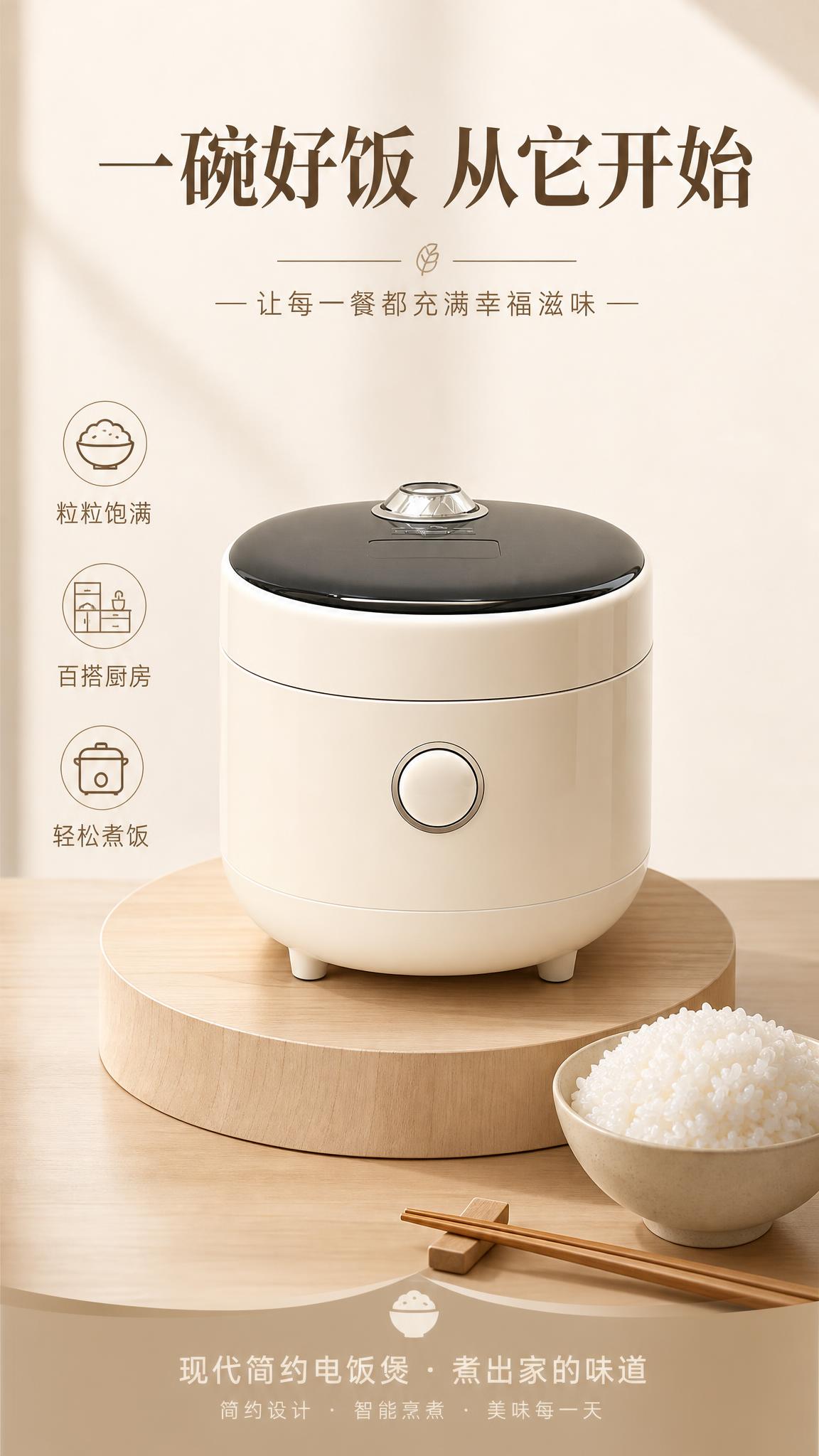 电饭煲电商海报，高级极简风格，温馨家庭氛围。电饭煲100%还原… - 图片创意预览