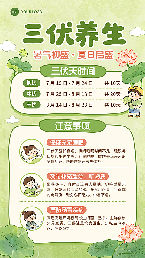 三伏天养生保健健康科普知识清新手账风海报