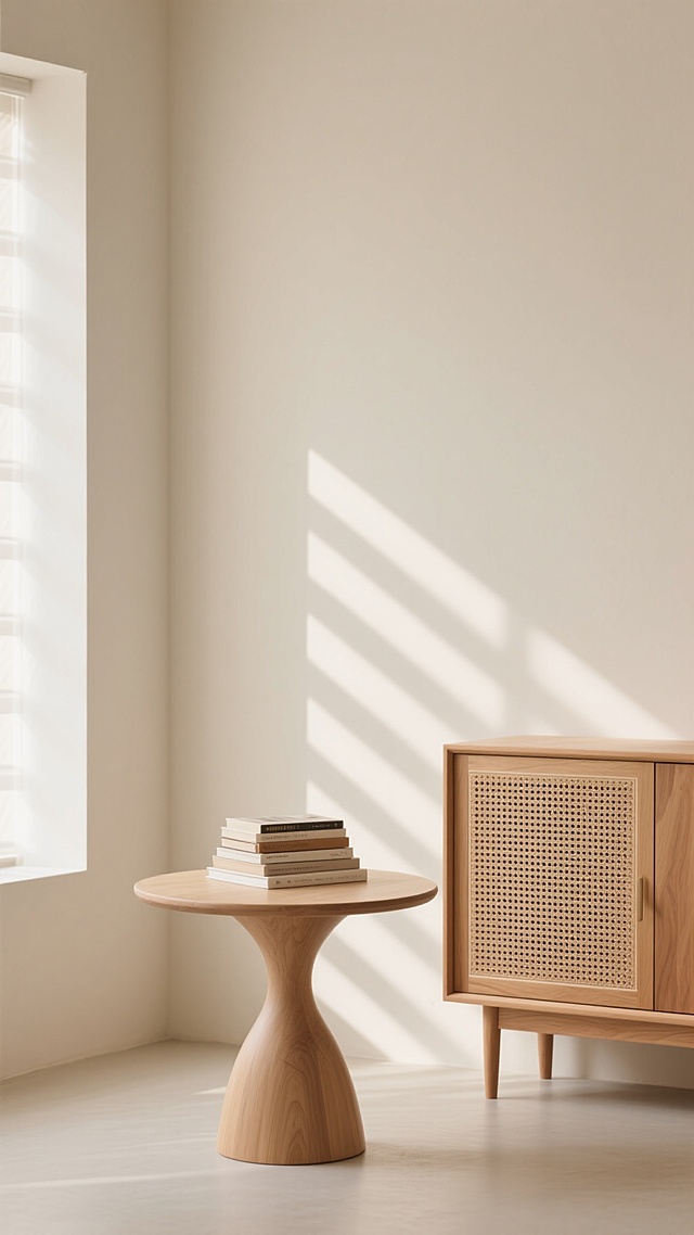 极简主义室内场景，温暖柔和的自然光透过窗户在米白色墙面上投下清晰的光影条纹，浅木色圆形小桌搭配流线型底座，桌面堆叠着几本书籍，左侧为带网格纹理的原木色储物柜，整体色调以原木色与米白色为主，营造宁静舒适的氛围，低饱和度，柔和阴影，细腻材质表现，简约而不失质感的空间布局。