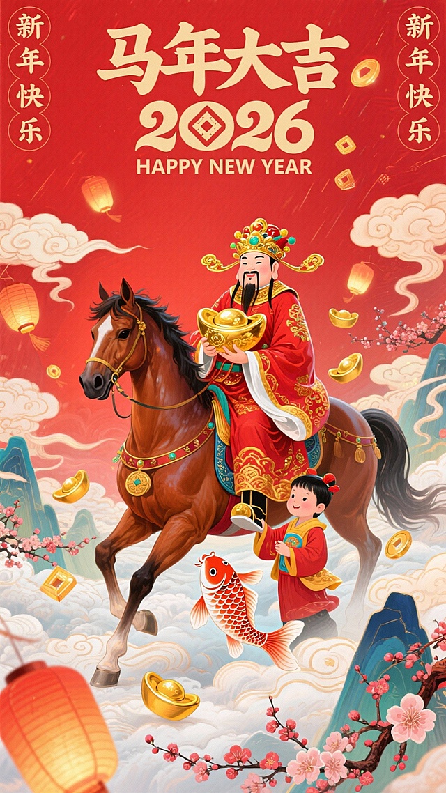 以正红为底色画面主体是身着华丽红金吉服的财神骑棕马，占画面三分之二的位置，旁伴持锦鲤的孩童，点缀灯笼、元宝、祥云、梅花等吉祥元素，上方有 “马年大吉”“2026”“HAPPY NEW YEAR” 字样，左右侧配 “新年快乐”，整体喜庆热闹，传递马年招财纳福的新春祈愿。