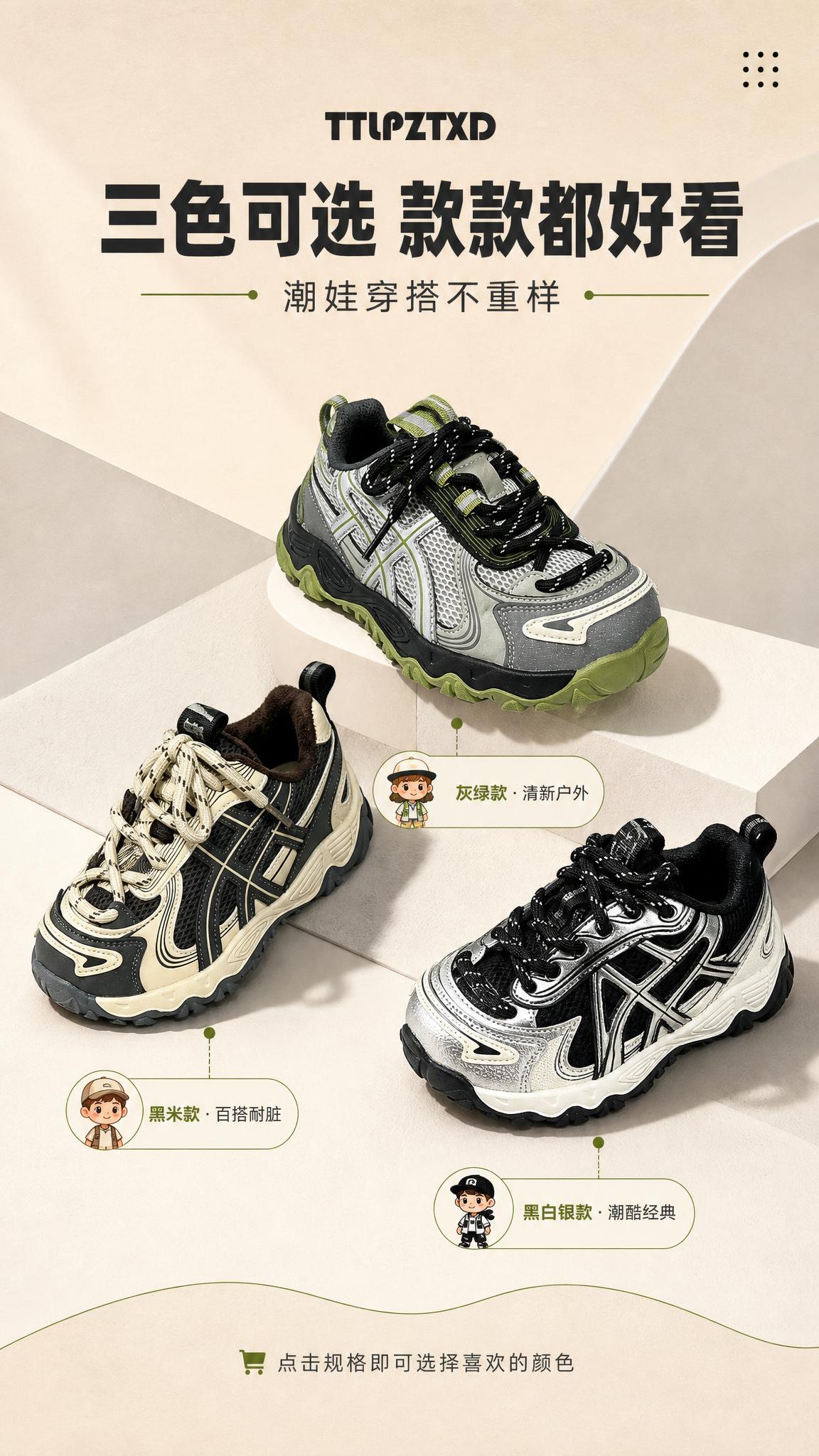 [商品] 使用【图5】三色儿童运动鞋全家福；保留灰绿款、黑米款… - 图片创意预览