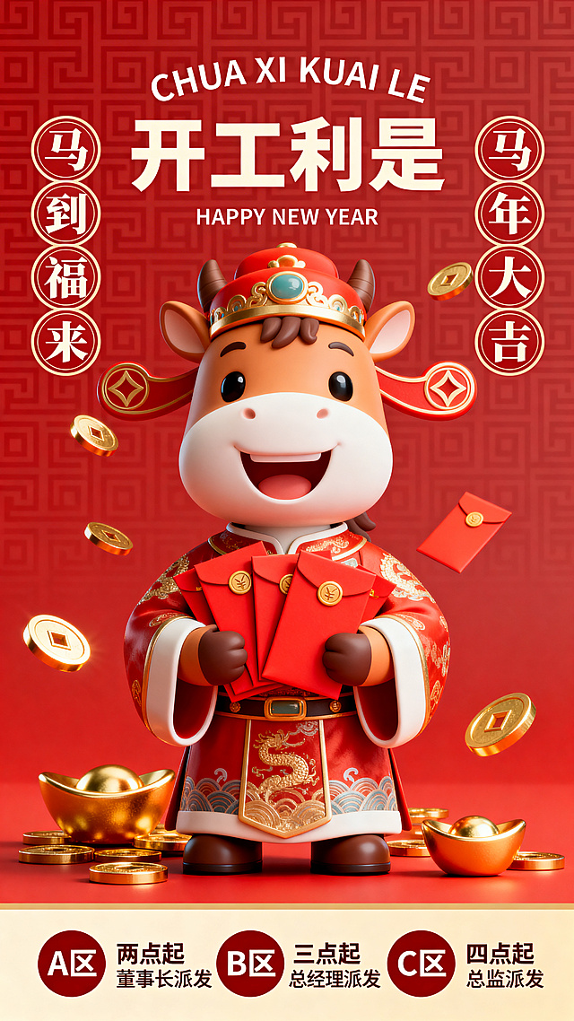 软3D风格卡通牛形象，拟人化设计，身着传统红金服饰，手持红包，周围环绕金币与元宝，喜庆氛围浓厚，鎏金质感点缀，传递新春开工利是的节日祝福。