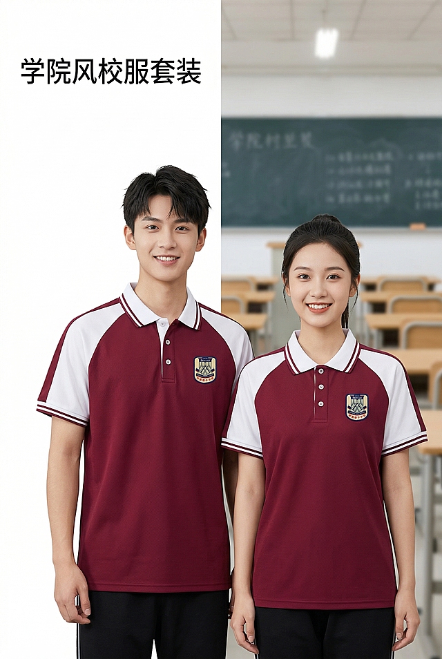 使用用户上传的产品图风格，产品为酒红白拼色 POLO 衫，由两位年轻学生上身展示，清晰呈现于画面视觉中心，比例协调不变形。不改变产品的款式和颜色，上衣布料为珠地棉，保留网眼视感，衣服正面仅保留校徽设计不添加其他文字。画面主色调为白色、酒红色，辅助色为金色、黑色，整体色调青春干练、校园感强烈。背景为虚化的教室场景，黑板与课桌椅作为装饰元素，营造整洁有序的校园课堂氛围。画面风格为清新校园风电商模特上身图，构图为左右并列构图，两位学生并排站立，视觉焦点集中在两人上身的 POLO 衫上。信息布局：主标题“学院风校服套装”摆放在画面左上角，产品（模特上身 POLO 衫）位于画面右侧，形成 “左文字右产品” 的布局。排版形式：主标题采用简约黑体，颜色为白色，字号中等，左对齐；POLO 衫上的刺绣校徽文字清晰呈现于胸口位置。设计感强调：采用左右平衡布局，突出双人上身效果；背景虚化处理，让视觉焦点集中在产品上；在产品边缘添加轻微的自然阴影，让产品更具立体感，提升整体质感。