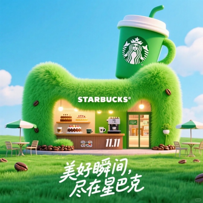 星巴克品牌促销海报，构建一个天猫品牌轮廓的建筑造型外观和内部空间，外观为星巴克绿，一个超大星巴克杯镶嵌在建筑顶部，融入品牌产品，产品设计陈列在建筑内部，品牌产品为蛋糕、咖啡机、咖啡杯，小吧台等，咖啡豆预览效果