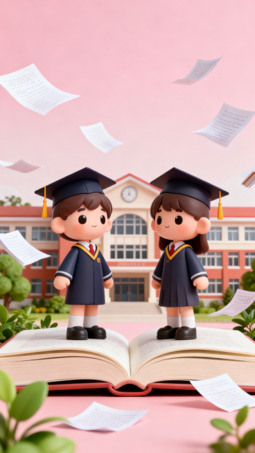 3D插画风，两个毕业学生站在打开的书本上，背景学校建筑，飞散着书本纸张，绿植点缀，浅粉色渐变背景，表现教育储蓄主题，立体卡通风格预览效果