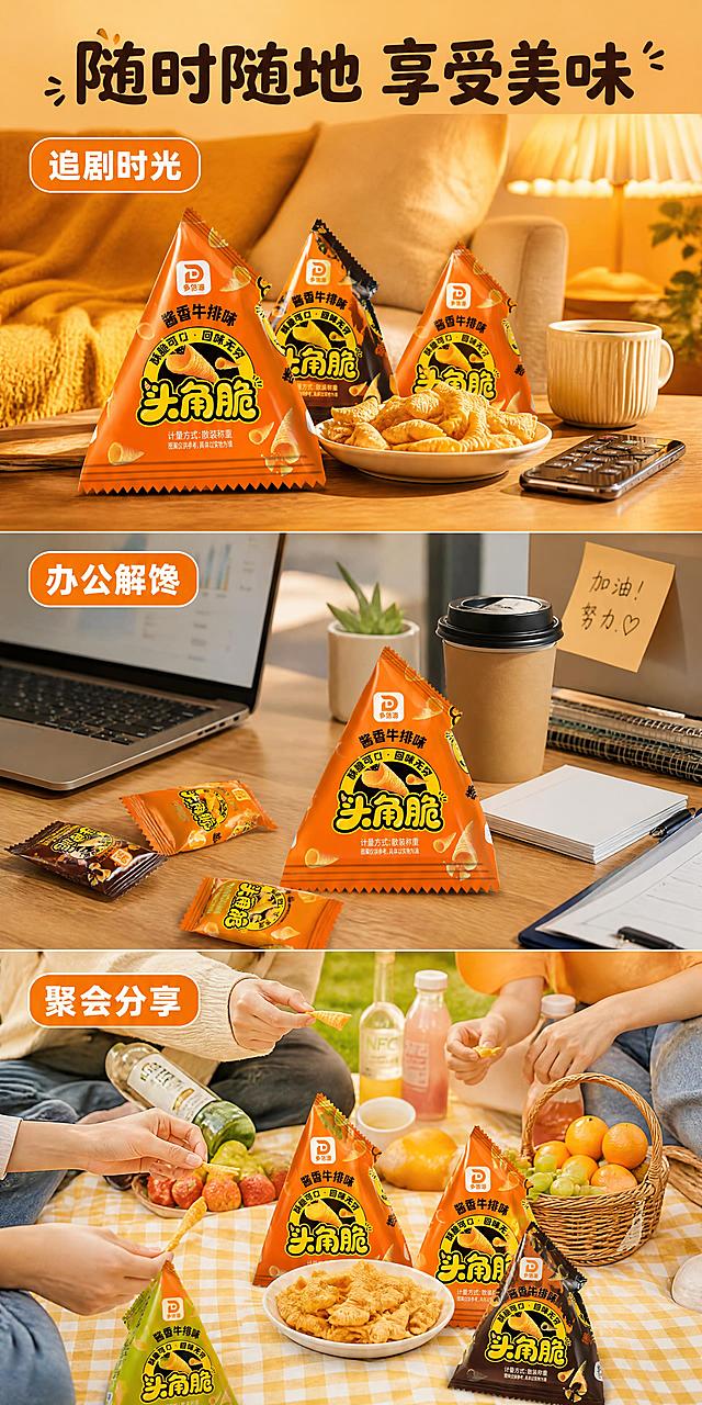 [第5张] 详情页场景种草-追剧办公聚会多场景竖拼。本张使用【图3橙色酱香牛排味】作为各场景产品主体。
[氛围/风格] 生活方式场景感 温馨治愈 暖色调 3段竖拼版式。
[元素布局] 画面竖向分为3段场景。上段「追剧时光」：客厅沙发茶几上 放着几包三角包零食+一盘尖角脆 旁边有遥控器和手机 暖黄灯光温馨。中段「办公解馋」：办公桌一角 电脑旁放着独立小包装零食 咖啡杯相伴 白领办公场景。下段「朋友聚会」：野餐垫上 多人分享零食 饮料 水果 欢乐氛围。每段中产品包装外观与输入图一致 橙色包装为主 穿插其他口味。
[光影质感] 每段各自场景光源 上段暖黄台灯光 中段自然光+屏幕光 下段户外自然光 整体统一暖色调 柔和自然。
[配色色系] 全局底色统一暖橙黄系；各段场景色协调统一 不跳脱。
[视角构图] 3段竖拼 每段独立场景 阅读动线从上到下依次浏览。
[文字版式] 每段左上角有场景标签 圆角矩形底白字 分别是「追剧时光」「办公解馋」「聚会分享」。画面最顶部大标题「随时随地 享受美味」 粗圆体深棕色。文字不遮挡产品主体。
[比例分辨率] 1:2 竖版比例 4K分辨率 文字清晰可辨 高清画质。
[负向提示词] 变形 水印 文字错乱 文字过小 产品图模糊 人物面部扭曲 手部畸形。